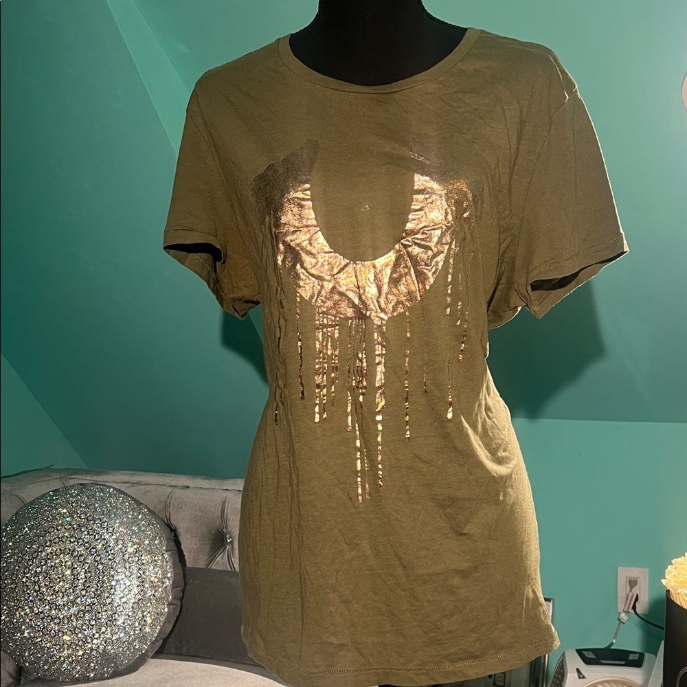 True Religion Olive Tee with Gold Graphic